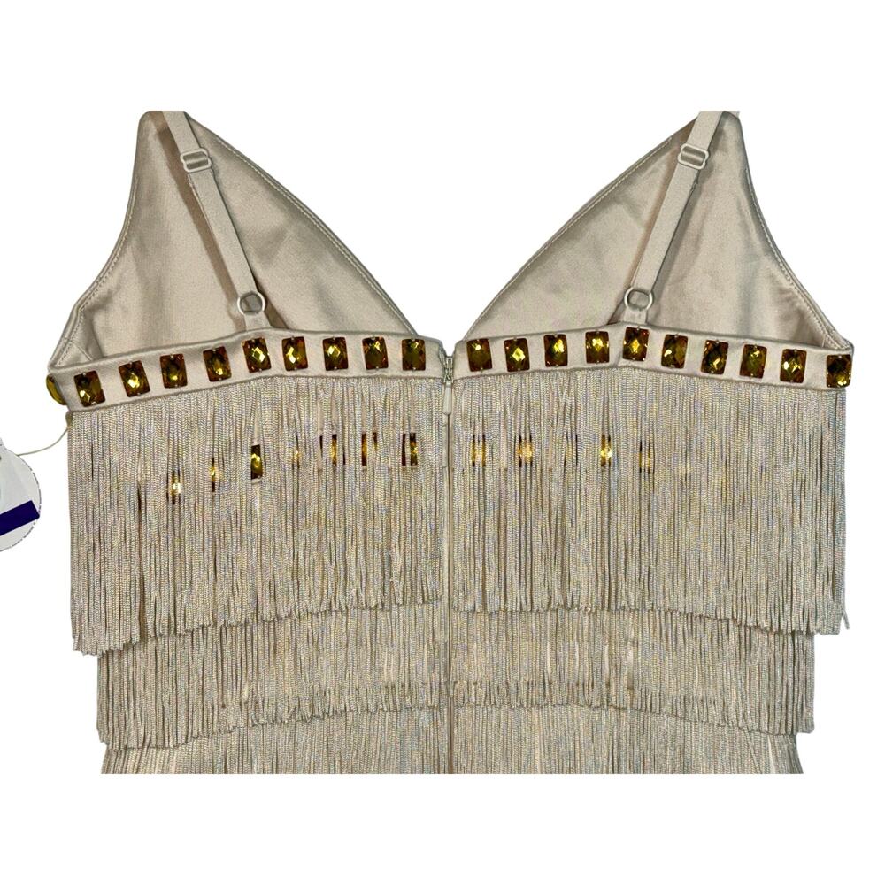 NWT Mandalay Cream Ivory Gold Beaded Fringe Midi Evening Cocktail Dress Womens 6 - Picture 10 of 16